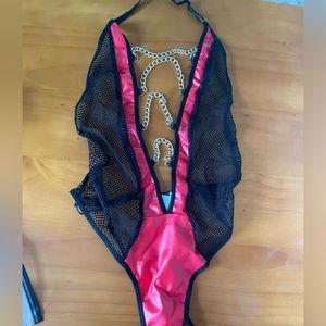 NWOT raceway bodysuit. Red faux leather & black fishnet w/ gold chain detail.